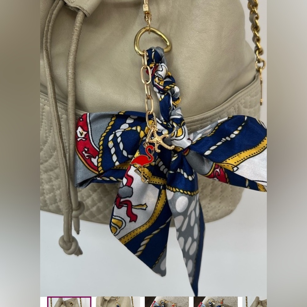 Nautical Polka Dot Bow Keychain Purse Charm with Charms star and flamingo